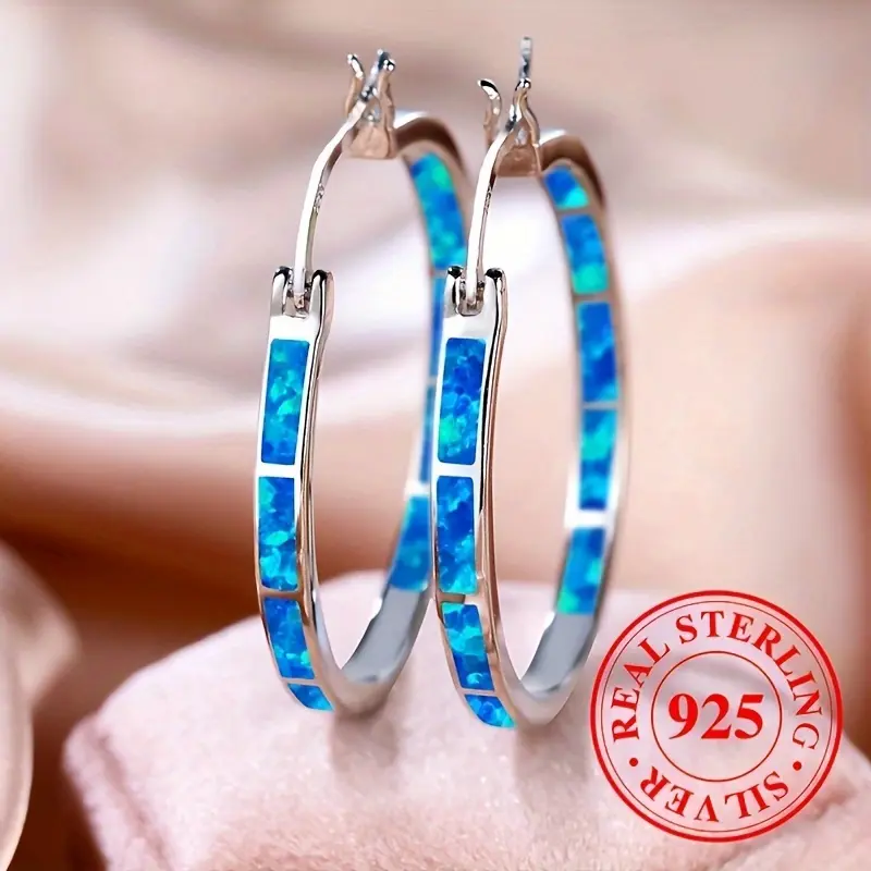 925 Sterling Silver Hoop Earrings for Women, Bohemian Style with Opal Inlay, Hypoallergenic for Everyday Sparkle, Year-Round & Gift-Ready, Opal-Inlaid, 925 Real Silver Earrings