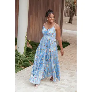 Naira Pleated Maxi Dress - Cornflower Blue Floral