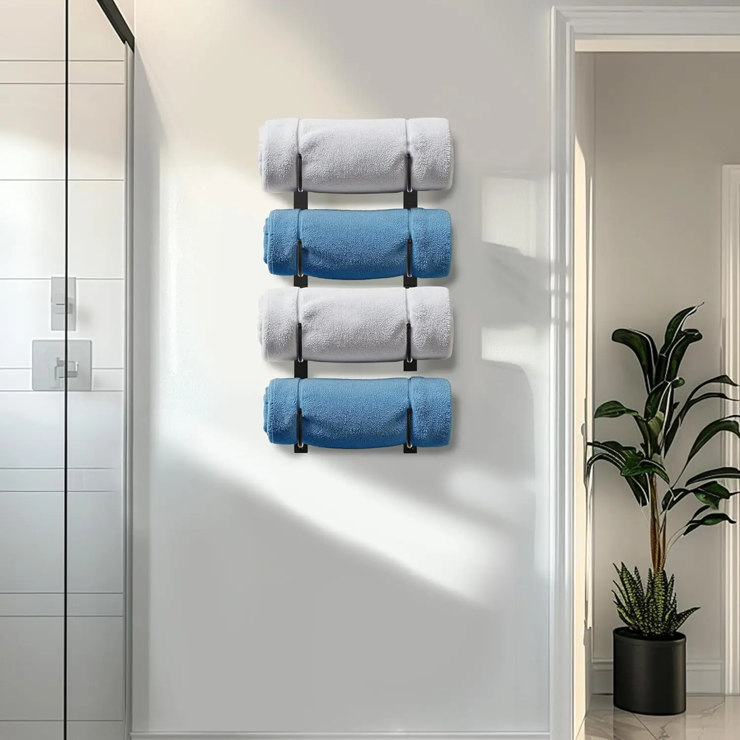 4-Tier Wall Mounted Towel Storage Holder - Hanging Organizer for Towels, Blankets, Large Bath Sheets, Space Saving in RV, Closet, Toilet, Cabinet, Black Metal
