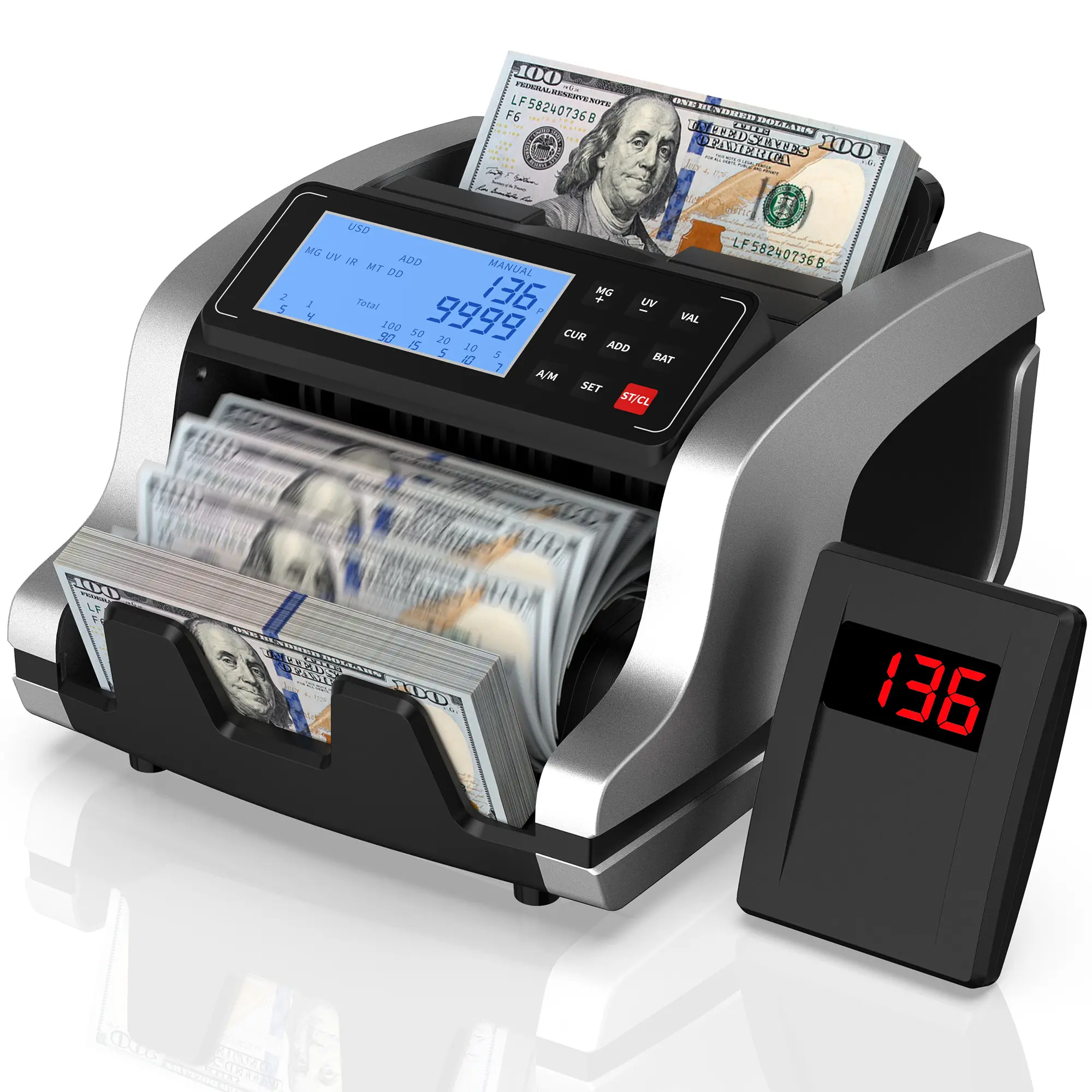 PONNOR Money Counter Machine | UV/MG/IR/MT/DD Counterfeit Detection | LCD Display, COUNT/ADD/BATCH/AUTO Modes | Silent Operation, 1200 Notes/Min