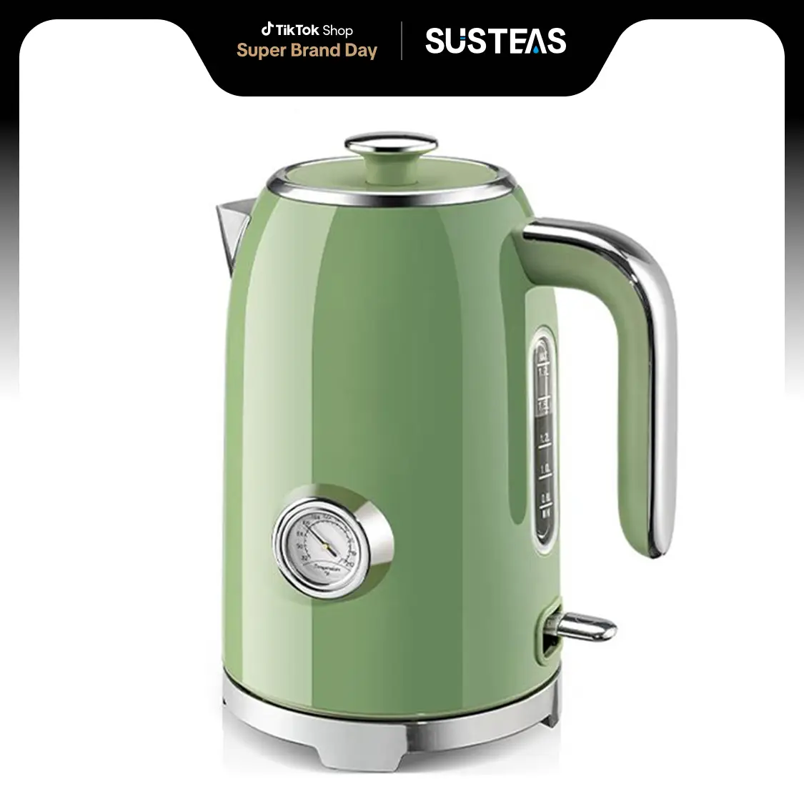 SUSTEAS Electric Kettle 57 oz Hot Tea Kettle with Thermometer, 1500W Fast Heating, Wireless LED Indicator, Auto Shutoff, Dry Boil Protection Springtok