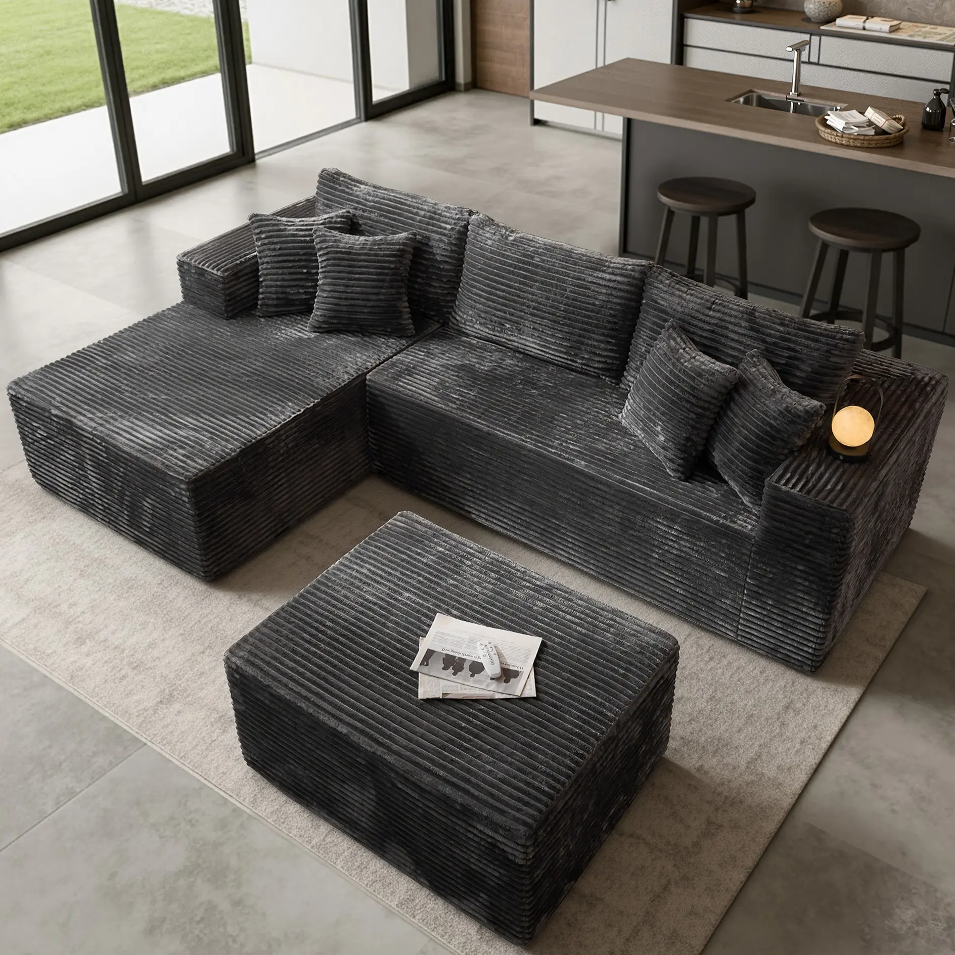 Modern 108" Boneless Couch Cloud Modular Sectional Sofa With Removable Ottomans & Chaise - Plush Corduroy , Deep Seat, Upholstered Couches, No Assembly Required for Living Room