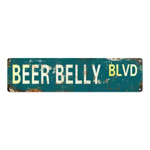 Retro Aluminium Metal Tin Sign, 16x4 In - Beer Belly BLVD Vintage Street Sign with Retro Look, Wall Decor for Man Cave - Funny Gift for Beer Lovers Bar Led Sign