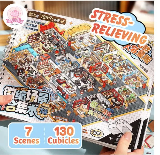 Joyjolly Telado Version 7 Cubicle-Themed Sticker Book, 7 Big Scenes, 130 Cubicles, DIY Craft Kit, Scrapbook Materials, Collage Book Stickers, Quiet Crafting Eases Busy Minds Relaxing Gift Activity, Sticker Packs, Scenesticker Kit For Easy Crafting