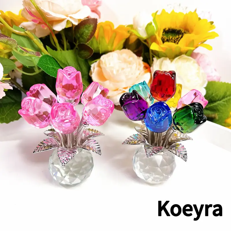 Crystal Rose Flower Design Ornament, 1 Count Creative Rose Flower Statue, Decorative Flower for Home Living Room Bedroom Office, Lifelike Flower, Vibrant Crystal Flowers