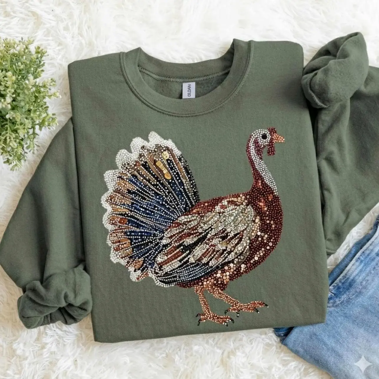 Faux Rhinestone Turkey Sweatshirt, Wild Turkey Sweater, Thanksgiving Faux Yarn Shirt, Chicken Camo, Casual Streetwear Top for Men & Women LV