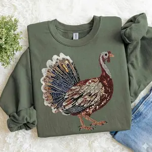 Faux Rhinestone Turkey Sweatshirt, Wild Turkey Sweater, Thanksgiving Faux Yarn Shirt, Chicken Camo, Casual Streetwear Top for Men & Women LV