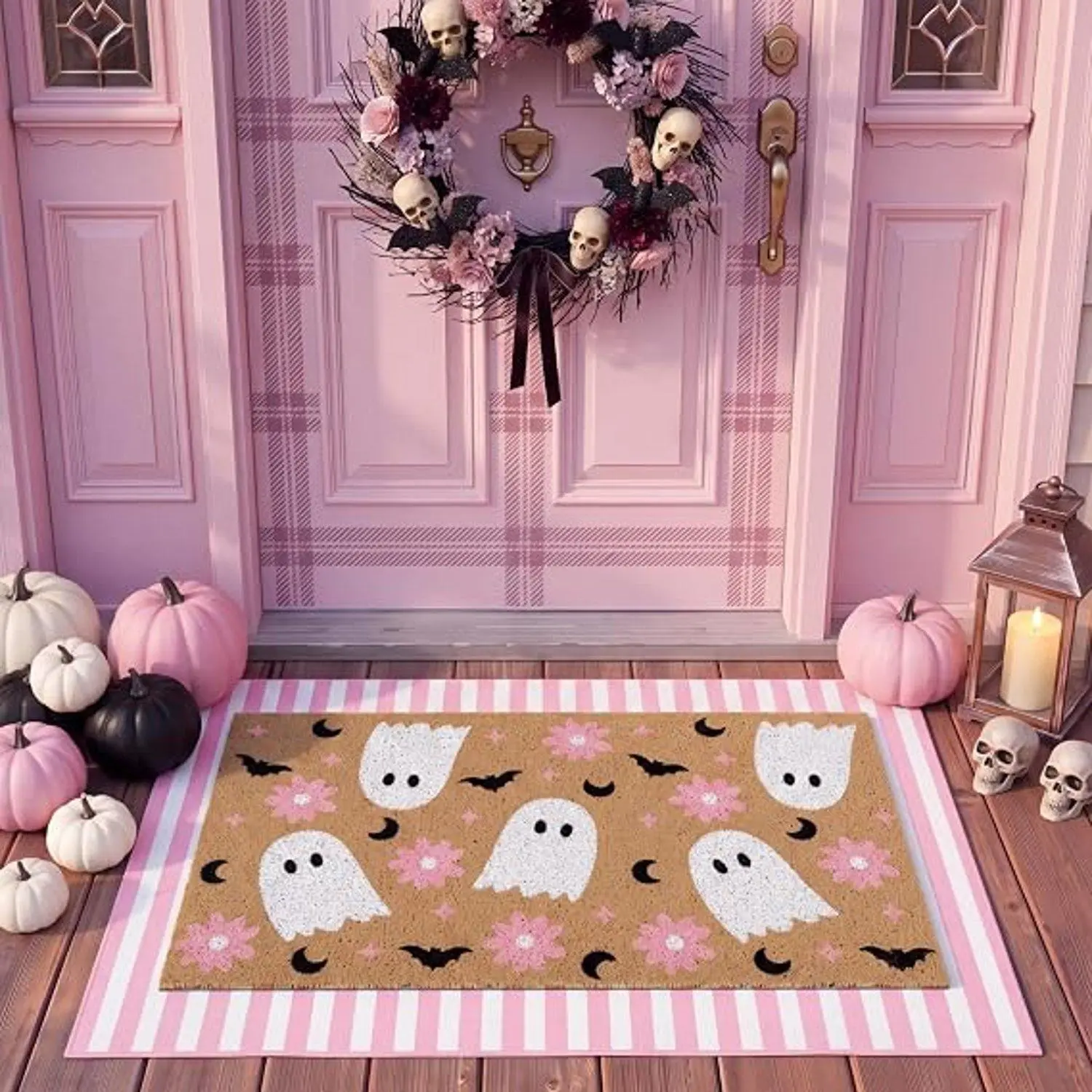 Pink White Striped Flannel Rug, Cute Welcome Mats for Front Porch