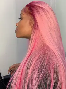 Aodbar hairs 13*6 Transparent Lace Front Wig Ombre Pink Long Straight Hair Heat Resistant Fiber Hair 28 Inch Long Straight Hair Wig for Daily, Party and Cosplay Use