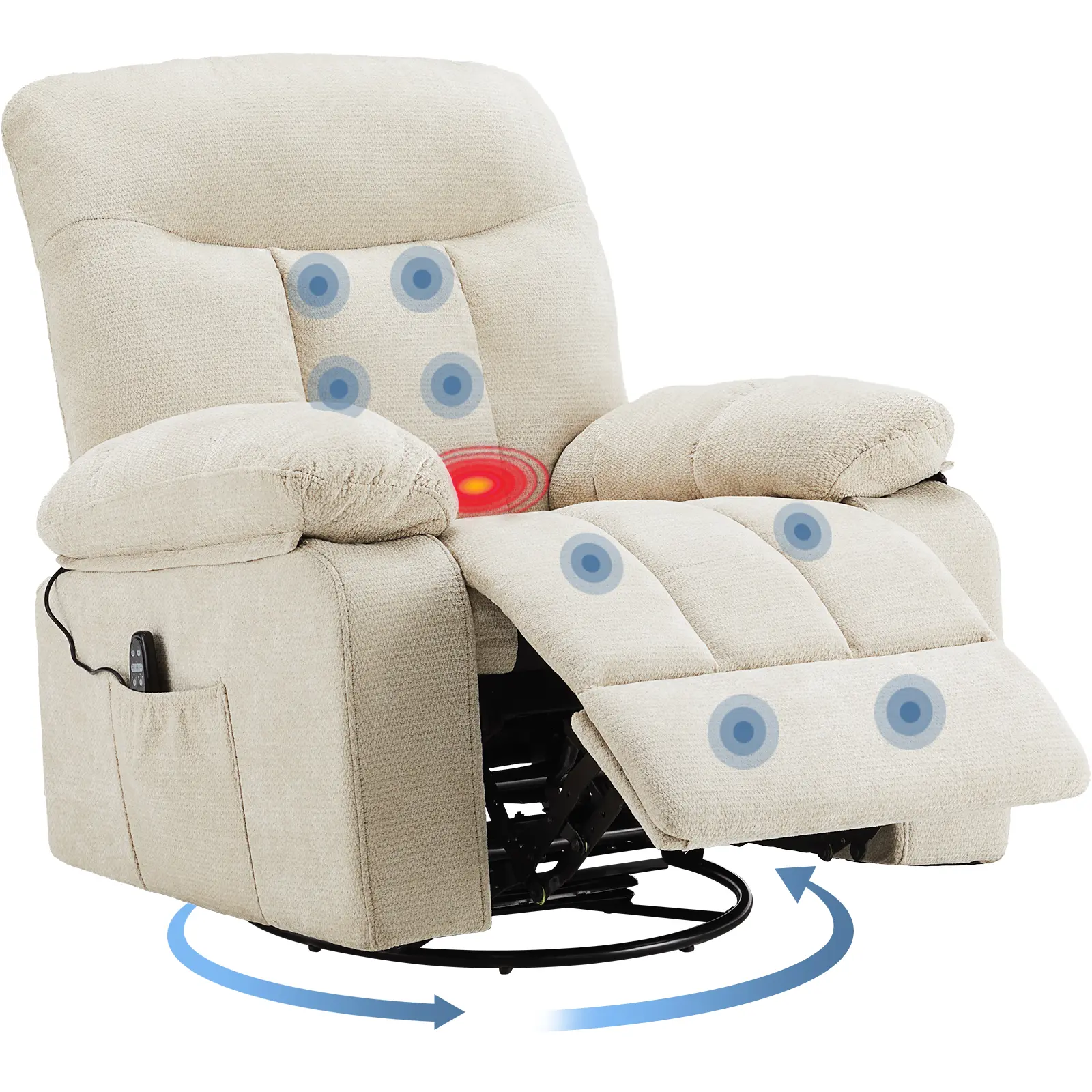 Swivel Rocker Recliner Chair, 270° Rotating Chenille Fabric Recliner with Footrest, Vibration Massage & Lumbar Heating for Living Room Bedroom