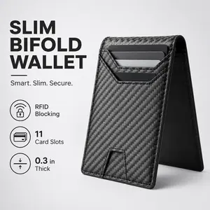 Slim Bifold Wallet for Men, RFID Blocking Wallet with 11 Card Slots, Carbon Fiber Look Minimalist Front Pocket Wallet, Black，summerwins