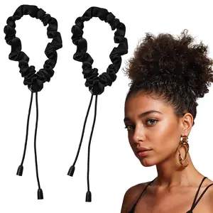 2PCS Black Adjust Satin Hair Scrunchies for Women Girls, Adjustable Hair Ties Soft Than Silk for 4c Girlie Thick Curly Natural Hair, Easy to Use Hair Accessories for Afro Puff Loc Ponytails