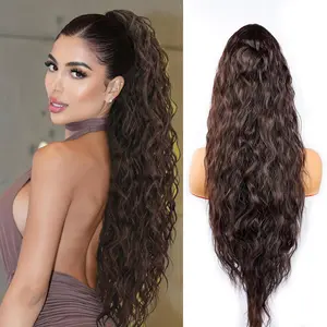 Ponytail Extension 30inch Long Claw Clip Ponytail Extension Curly Wavy Pony Tails Hair Extensions Clip in Synthetic Hairpiece for Women, Dack brown wavy claw clip