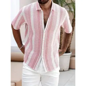 Men's Striped Knitted Shirt - Lightweight Sleeve Button Tie Casual Loose Pink Top Knitwear Shortsleeve Crochet Elastic Fabric