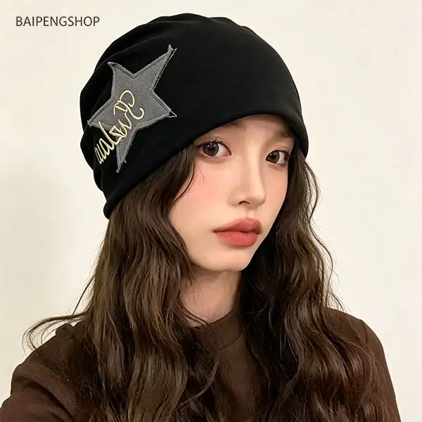 Unisex Cozy Beanie with Cute Star Patch & Letters, All-Match Warm & Flexible Knitted Fabric for Daily Wear, Embroidered Headwear, Birthday, Stretchy Size, Casual, Decorative Knit Hats, 28 Cm Width, Everyday, Stretch Size, 29 Cm Height