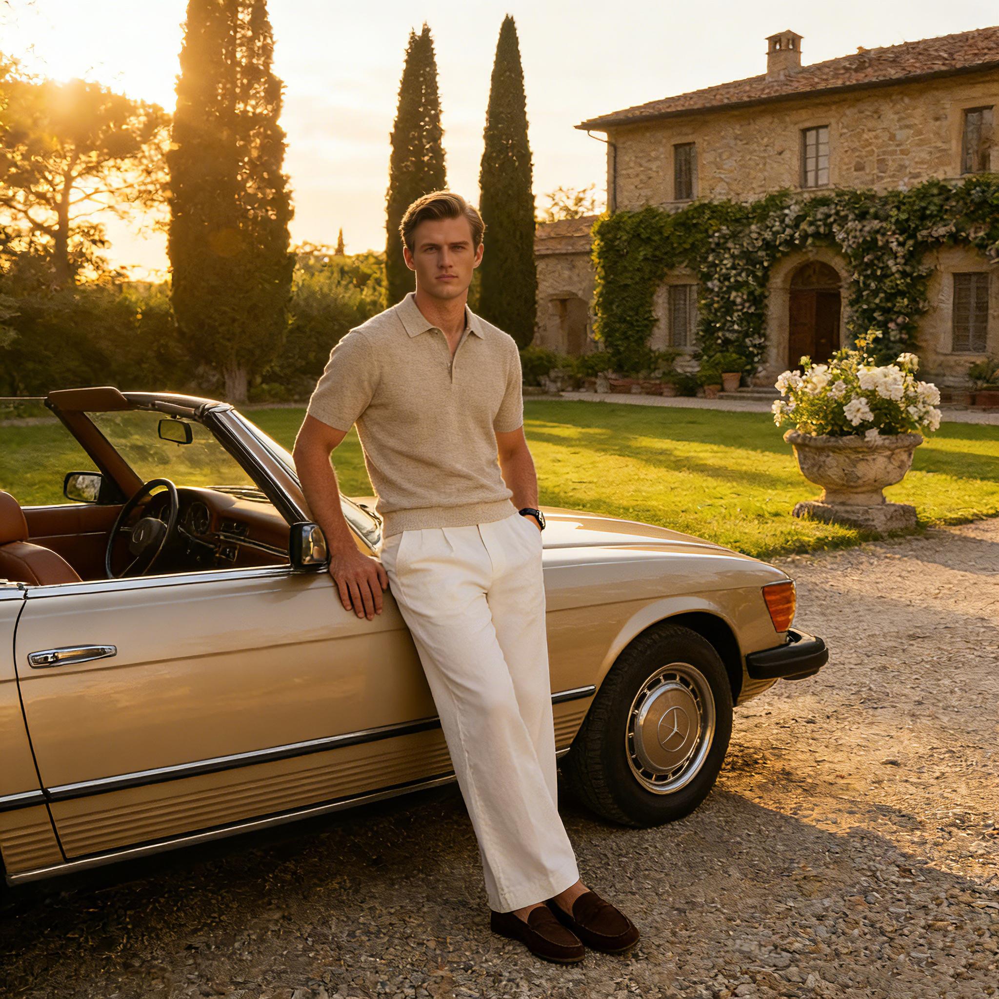 LazyRoad Old Money Style Men's Knit Polo Shirt, Tencel & Linen Blend Summer Short-Sleeve（apricot）-M6103