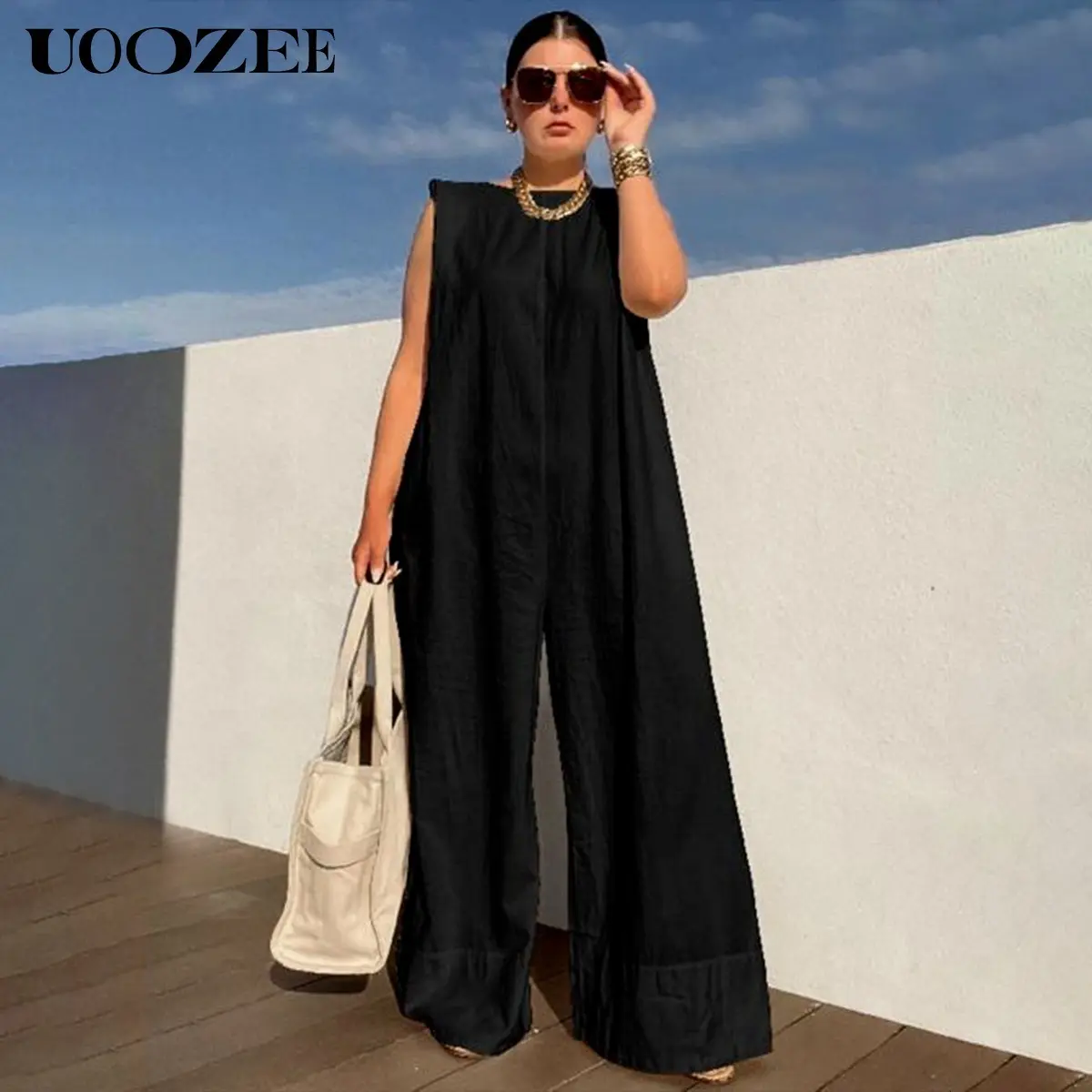 UOOZEE Women's Minimalist Solid Cotton Jumpsuit, Casual Sleeveless Loose Fit with Wide Leg for Spring and Exercise Wear, Casual Exercise Jumpsuit,back to school shopping, Basic, Women's Clothes
