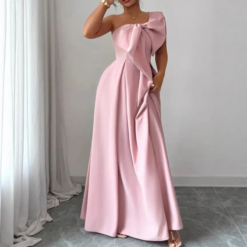 Elegant One-Shoulder Bow Evening Gown in Pink Deep Red Navy Blue Bright Yellow Sky Blue High Waist Floor-Length Ball Dress for Formal Events