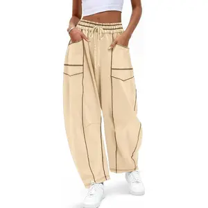 Aoysky Womens Baggy Barrel Wide Leg Pants Casual Drawstring Elastic Waist Contrast Stitch Workout Sweat Pants with Pockets