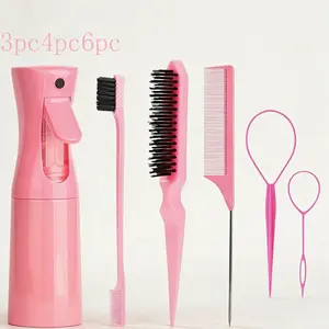 3/4/6 Pink Hair Styling Tools Set, Detangling Hairbrush Edge Control Brush, Styling Twist Brush, Pointed Tail Teasing Comb, Hair Loop Braiding Tool, Continuous Spray Bottle, Fluffy High Volume Straight Curly Hair Styling Kit, Salon Home Dorm Use