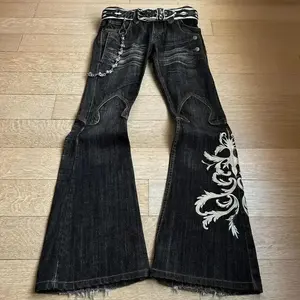 European and American New Heavy Industry Embroidered Jeans Men’s and Women’s Punk Flared Pants Y2K Washed Trousers Dark Pants Menswear