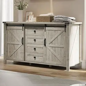 Amerlife 60" Farmhouse Sturdy Wooden Dressers for Bedroom, Vintage 4-Drawer Wood Cabinet Chest with 2 Sliding Barn Doors, Sideboard Buffets Cabinet & Organizer TV Stand for Living Room