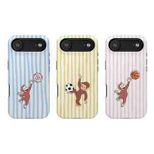 Vintage Sports Curious George Monkey Phone Case, Pastel Stripes with Volleyball, Basketball, Soccer Vibes Case Cover Compatible With iPhone 16 15 14 13 12 11 Pro Max X XS, Galaxy S25 S24 S23 S22 Ultra, PBS Kids TV