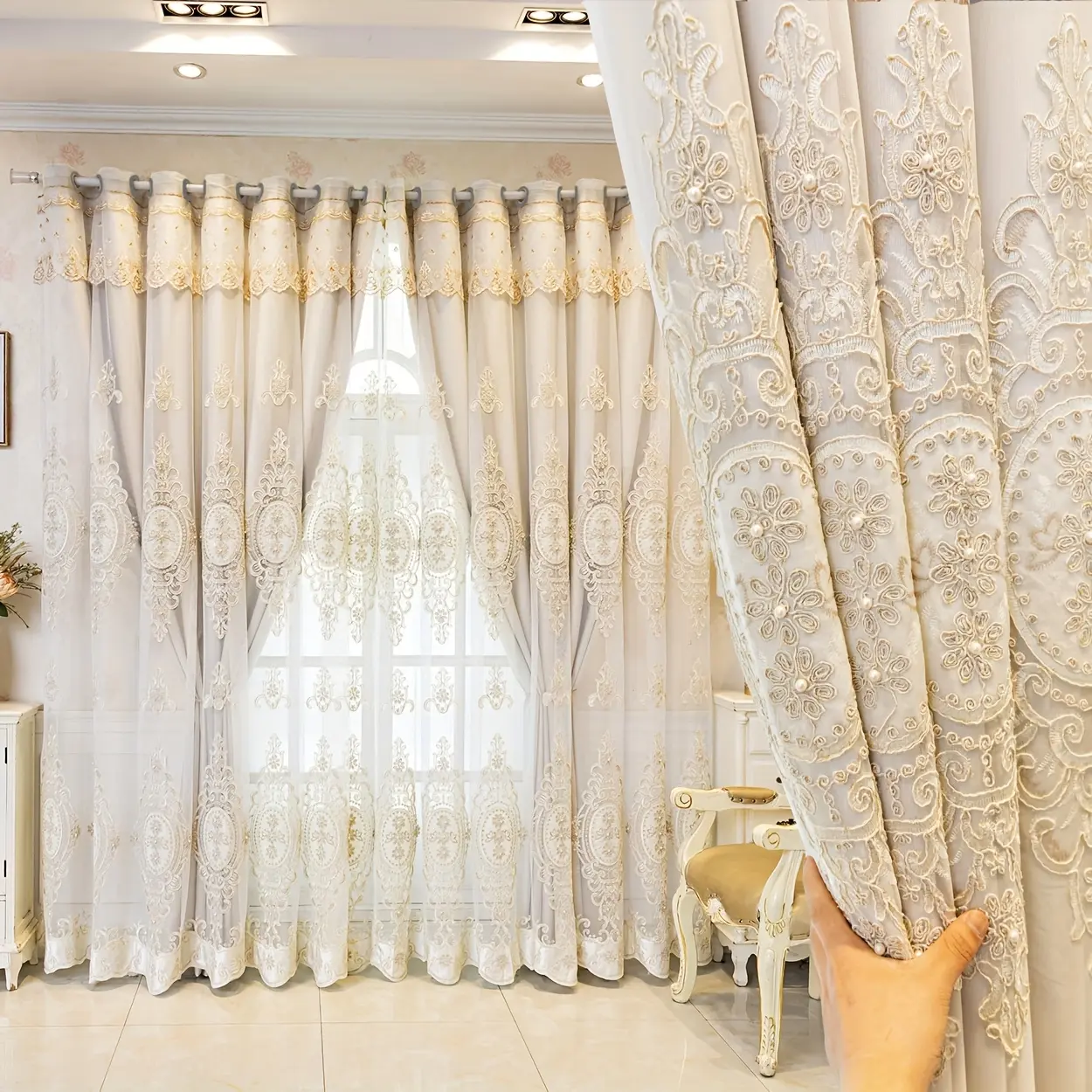 Luxury Decor 2-Piece Window Curtain Set - Light-Blocking Polyester Window Curtains with Embroidered Vintage Flowers, Artificial Pearls, Integrated Cloth Design, 2panel Coverage, Pearl Accents Add Luxe Charm for Bedroom Privacy & Style Enhancement