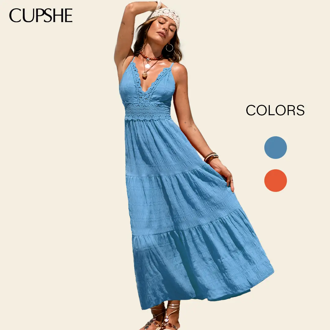 CUPSHE Women's Boho Woven Maxi Dress, Sleeveless Plunging V-Neck with Lace Detail for Vacation Casual Wear, Bohemian, Beach Sundresses, Womens Dresses, Maxi Dress For Women Summer#tiktokshopbacktoschool