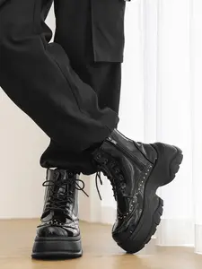 Men's Punk Motorcycle Boots, Mid-Calf PU Leather, Fall & Winter Fashion, Waterproof Anti-Slip High Top Biker Shoes, Street Style
