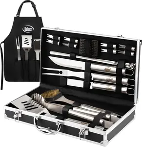 Kaluns Grilling Accessories, Dad Gifts for Fathers Day, Mothers Day Grilling Gifts, Heavy Duty Stainless Steel BBQ Tool Set for Outdoor Grill with Aluminum Case and Apron, Birthday Gifts for Men