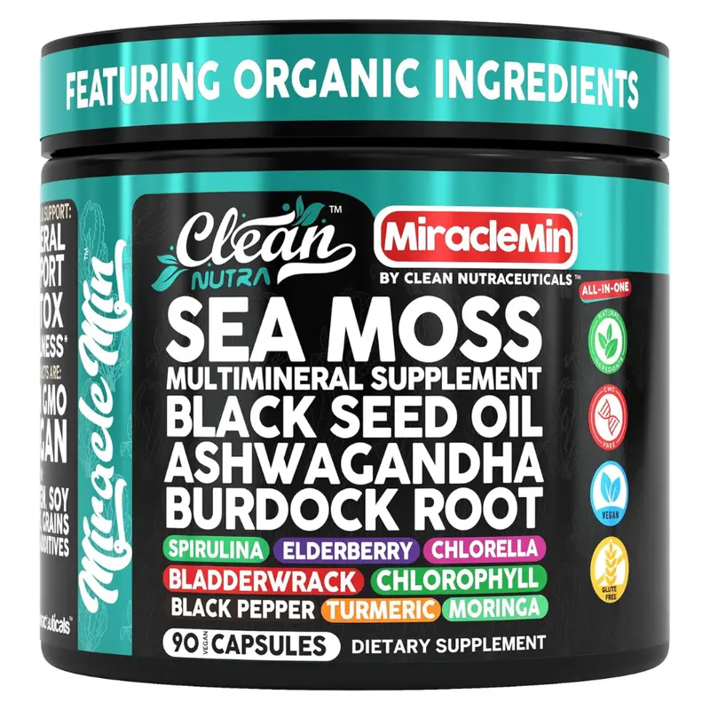 Clean Nutra Sea Moss, Black Seed Oil, Ashwagandha, Burdock Root, Elderberry, Chlorella, Moringa & More for Immune Support Energy Boost & Detox Capsules – MiracleMin