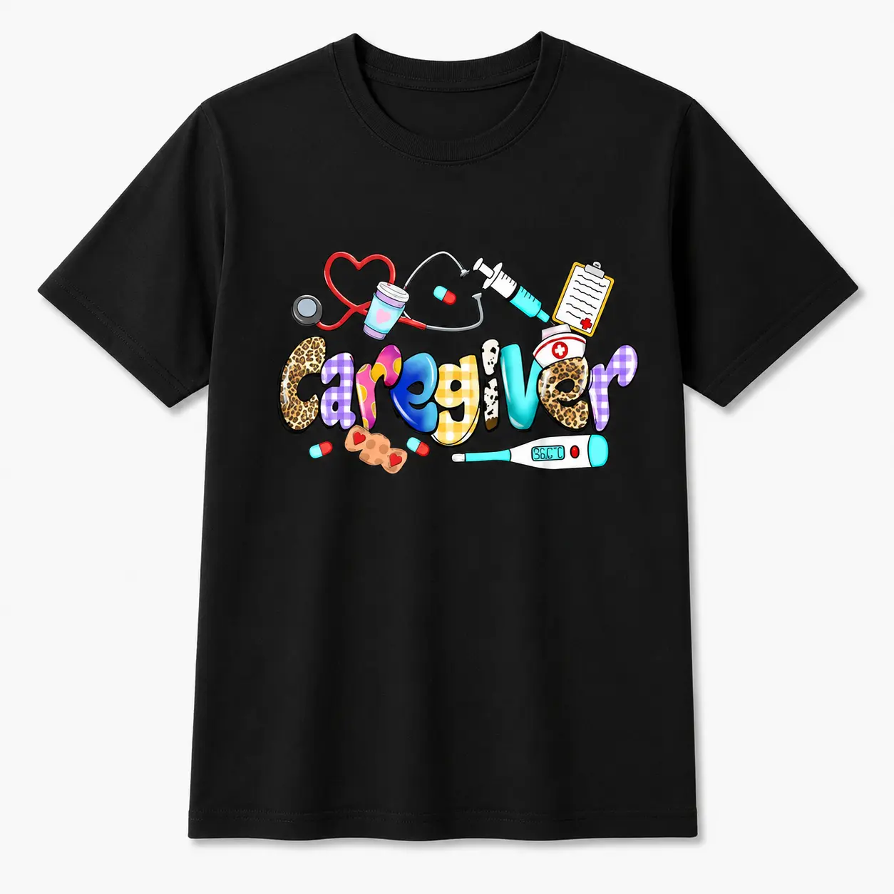 [100% Cotton] 1Pc Caregiver  T-Shirt With Stethoscope & Leopard Print - Casual Crew Neck Knit Fabric Tee With Medium Stretch For All Seasons - Alphabet Pattern Life Gift Shirt Clothes Top Golf Gift T-Shirt For Men And Women