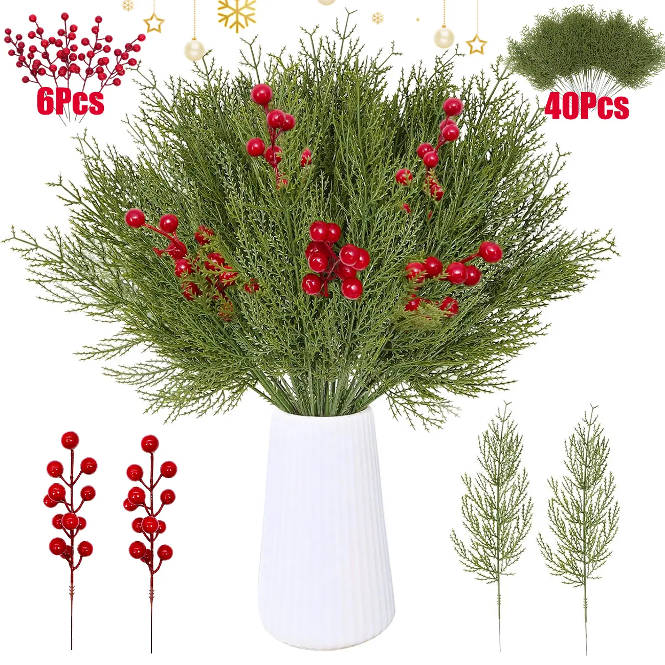 (46 Pcs)40 Pcs Christmas Faux Cedar Stems, 6 Pcs Artificial red berries, Artificial Pine Branches,  Artificial Faux Cedar Branches, Fake Christmas Greenery Pine Picks for Wreath Craft DIY Home Kitchen Decorations