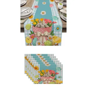 7pcs,Easter Table Runner Set, Pillow Covers and Placemats, Easter Table Decorations, Spring Decoration, Mint Garden Rabbit