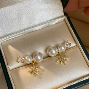 Sparkling Zircon Octagram Pearl Earrings Light Luxury High-End Jewelry Gift shell pearl