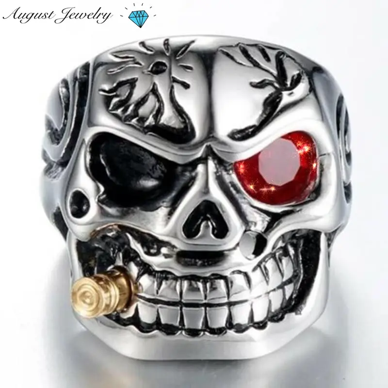 Men's 1-Eyed Dragon Pipe Skull Ring, Dark Aesthetic Cubic Zirconia Ring, Halloween Conversational Piece, Party Hand Accessory, Sizes 7-14, Dark Aesthetic Rings, Cubic Zirconia Rings
