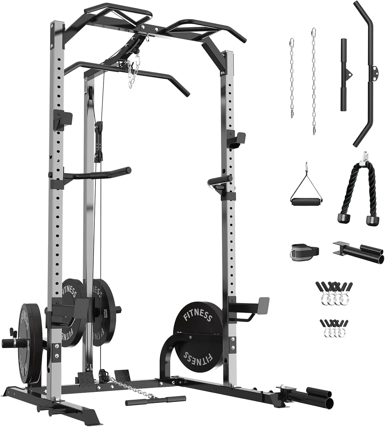 Heavy-Duty Steel Power Cage and Squat Rack for Home Gym, Multi-Functional Workout Station with Lat Pulldown System, Cable Pulley, Dip Bars, 1300 lbs Capacity, Home Fitness Trainer, Home Gym Gear