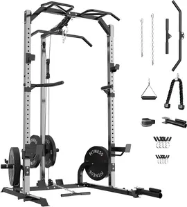 Power Cage Power Rack with LAT Pulldown Workout Cage Dip Handles Cable Pulley SystemSquat Rack for Home Gym