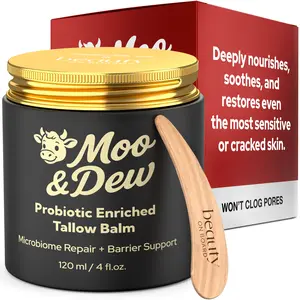 Moo & Dew Tallow Balm for Face — Probiotic Enriched Beef Tallow Skincare, Skin Barrier Repair Cream for Dry & Acne-Prone Skin, 4 fl oz