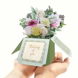 1 Handmade 3D Floral Pop-Up, Interactive Greeting Card with Envelope – "Missing You" Paper Bouquet Card, Suitable for Birthdays, Anniversaries, New Year Invitations – Green Geometric Design with White Roses