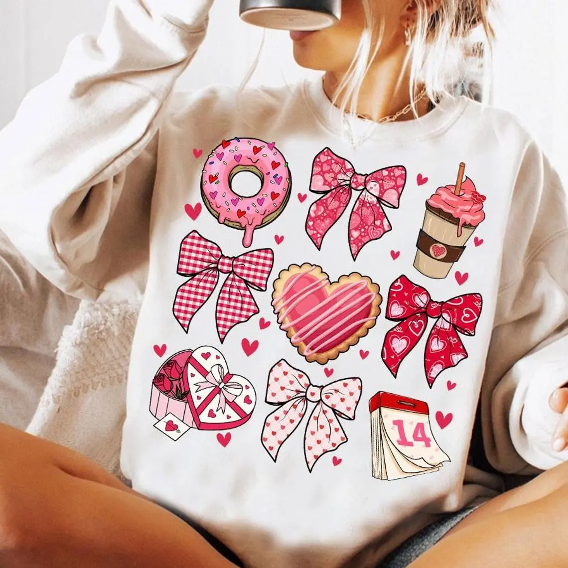 Valentine Coquette Bow Sweatshirt, Valentine Candy T Shirt, Valentine Coffee Hoodie, Heart Love Sweatshirt, 14th February Sweatshirt