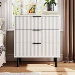 Oak Fluted 3 Drawers Dresser, Wide Wood Chest of Drawers, Modern Storage Dresser Chest of Drawers Organizer with Metal Legs and Anti-Tipping Device for Bedroom Living Room