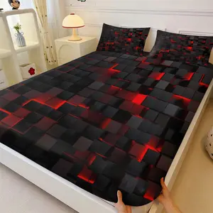 Red & Black Tech Plaid, E-Sports Cyberpunk Print Fitted Sheet Set, Includes 2 Pillowcases, Non-Slip Mattress Protector, Durable and Comfortable, Ideal Gift for Esports Enthusiasts, Gamer Gift