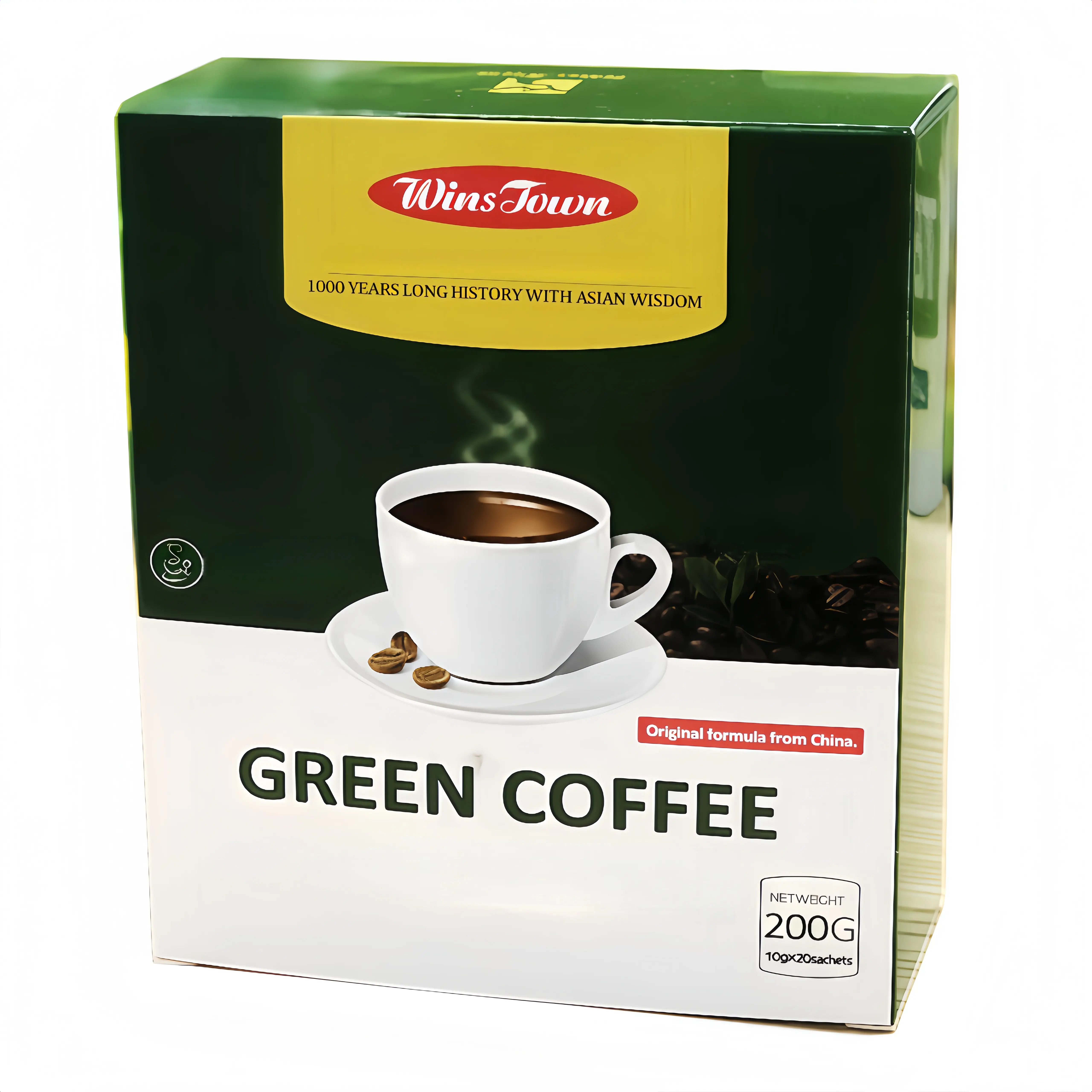 WinsTown Original Green Coffee Bean Extract Instant Powder - 200g 20 Sachets , 10 Natural Herbal Ingredients, Fat Free,Sugar Free,Gluten Free,Flavored Blends for Daily Enjoyment