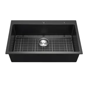 VEVOR 33 inch Kitchen Sink Workstation,  , Top Mount Granite Sinks, Drop-In Single Bowl Farmhouse Basin with Multiple Accessories, Household Dishwasher Sinks for RV, Prep Kitchen, and Bar (Black)