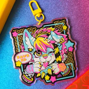 3" Keychains printed on rainbow holographic acrylic - furry funny sparkledog tiger dragon possum bad dog