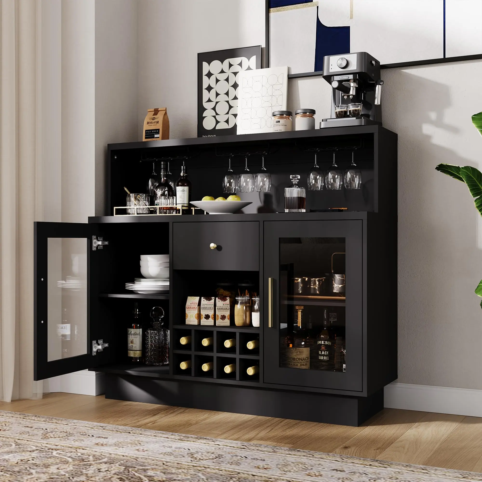 Garvee 47.24" Wine Bar Cabinet with LED Lights, Coffee Bar Stand Holds 9-15 Glasses & 8 Bottles, Modern Design for Living Room, Kitchen, and Dining Room Furniture