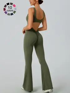 Women's Sporty Jumpsuit Backless Hollow Out Design, Flared Pants, Long Leg Lines, Butt Lift, Comfortable One-Piece Workout Wear, Backless Sports Jumpsuit