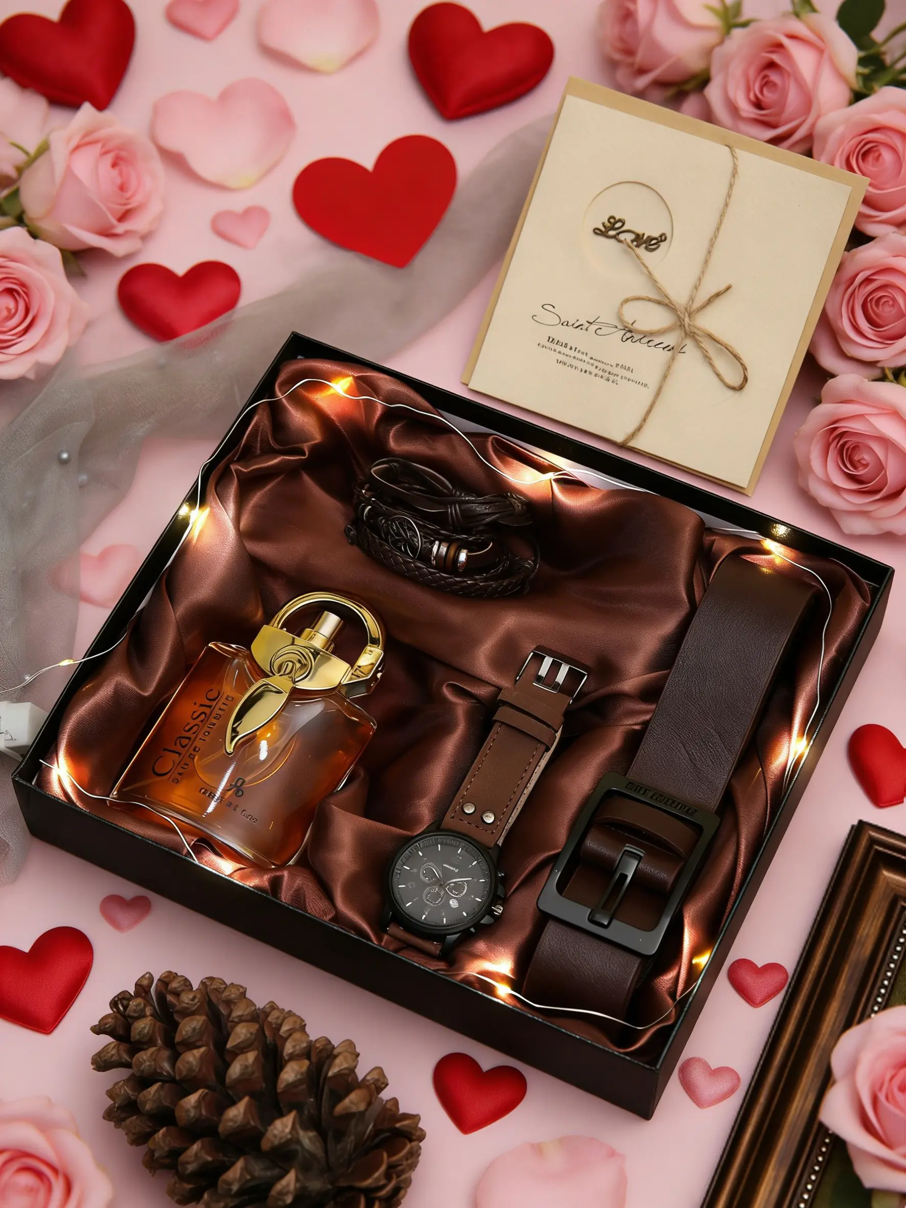 Valentine's Day Romantic Selection: Fashionable Men's Watch with Elegant Bracelet, Perfume, and Leather Belt, Expressing Deep Love and Excellence